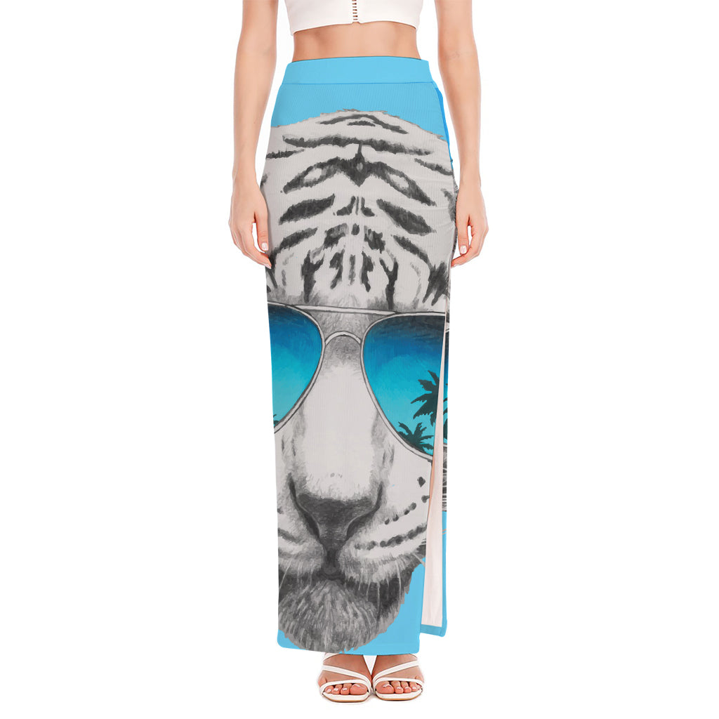 White Tiger With Sunglasses Print High Slit Maxi Skirt