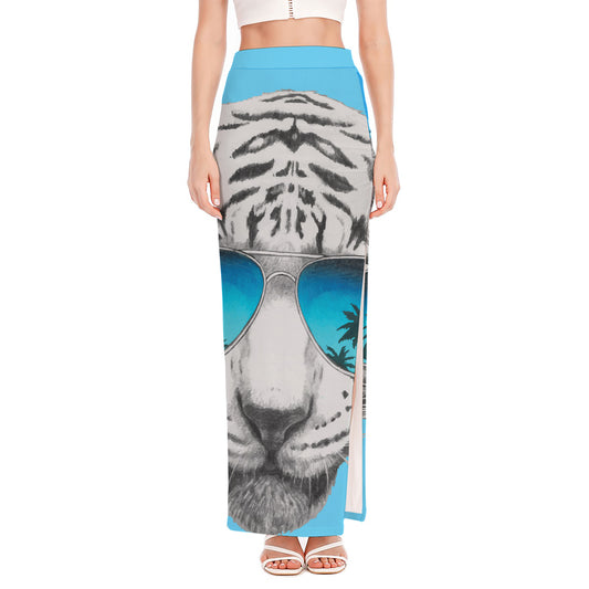 White Tiger With Sunglasses Print High Slit Maxi Skirt