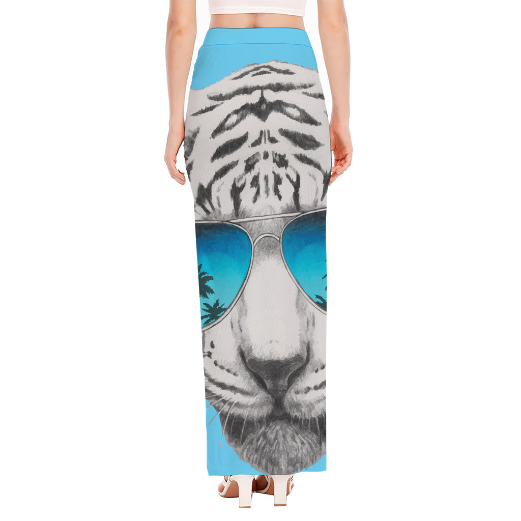 White Tiger With Sunglasses Print High Slit Maxi Skirt