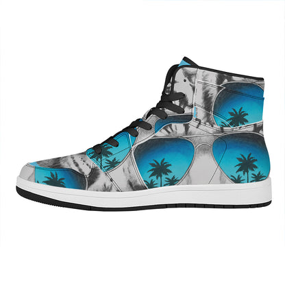 White Tiger With Sunglasses Print High Top Leather Sneakers