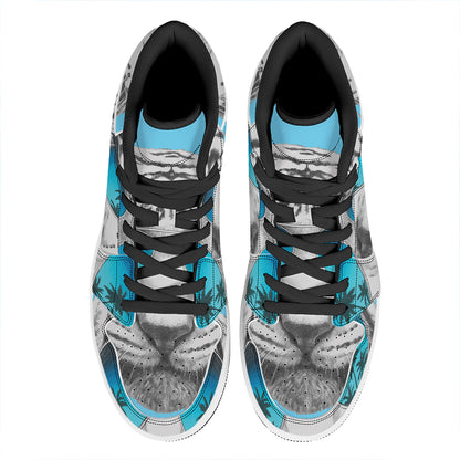 White Tiger With Sunglasses Print High Top Leather Sneakers