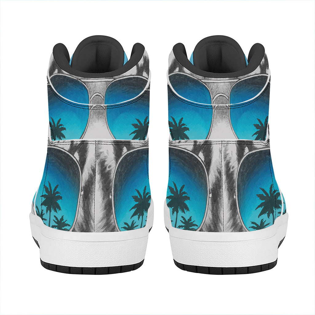 White Tiger With Sunglasses Print High Top Leather Sneakers