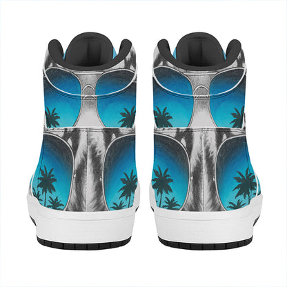 White Tiger With Sunglasses Print High Top Leather Sneakers