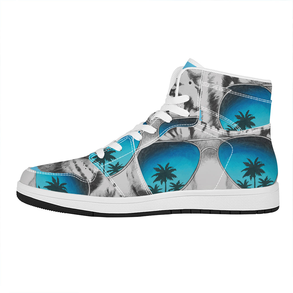 White Tiger With Sunglasses Print High Top Leather Sneakers