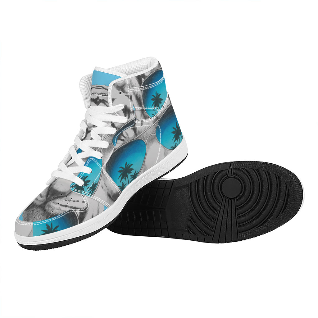 White Tiger With Sunglasses Print High Top Leather Sneakers