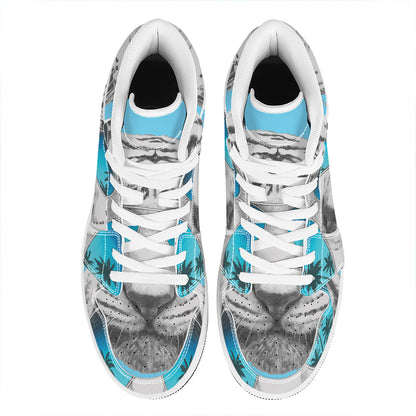 White Tiger With Sunglasses Print High Top Leather Sneakers