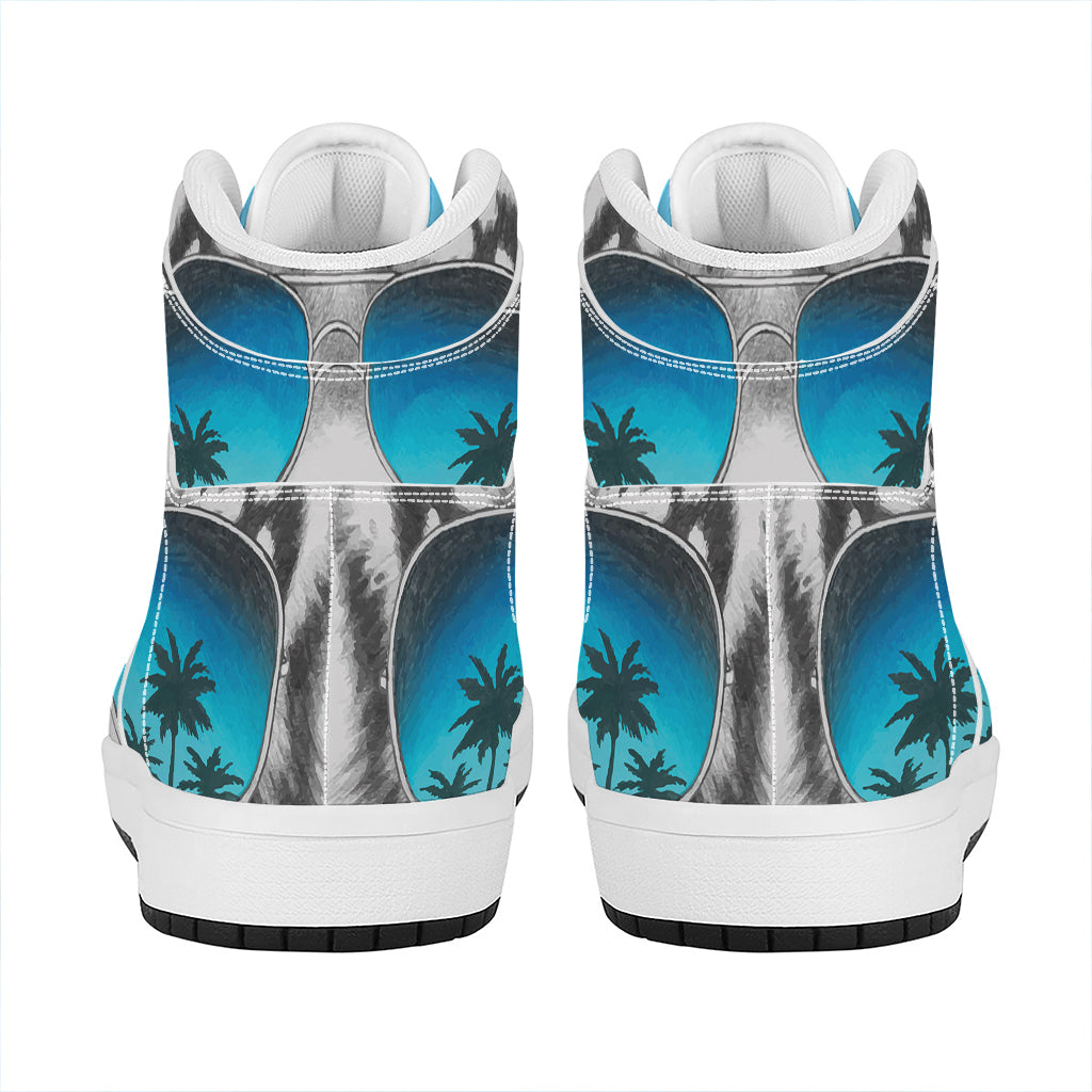 White Tiger With Sunglasses Print High Top Leather Sneakers