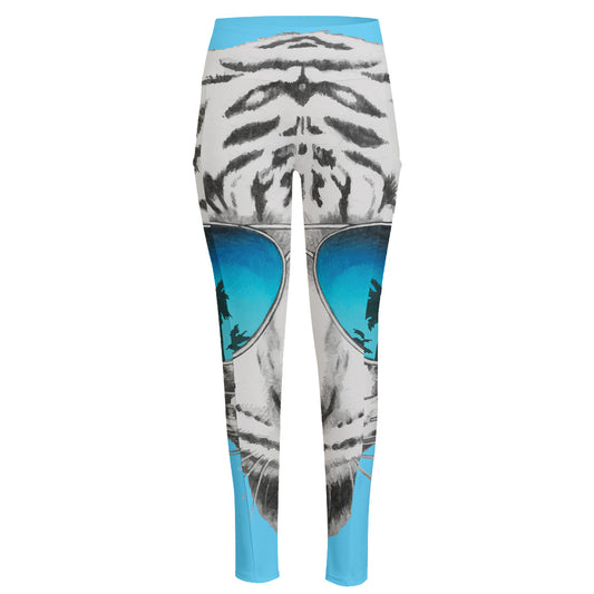 White Tiger With Sunglasses Print High-Waisted Pocket Leggings