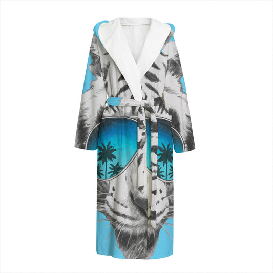 White Tiger With Sunglasses Print Hooded Bathrobe