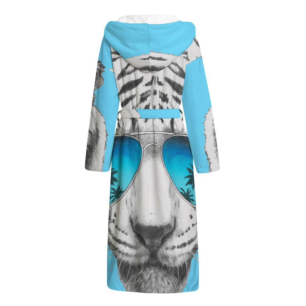 White Tiger With Sunglasses Print Hooded Bathrobe