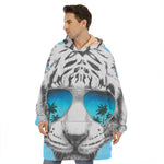 White Tiger With Sunglasses Print Hoodie Blanket
