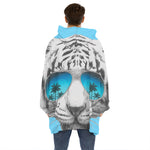 White Tiger With Sunglasses Print Hoodie Blanket
