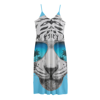 White Tiger With Sunglasses Print Jersey Midi Cami Dress