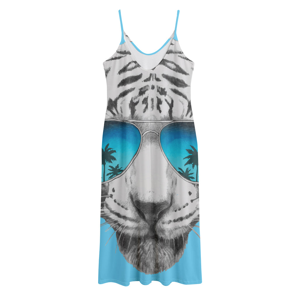 White Tiger With Sunglasses Print Jersey Midi Cami Dress
