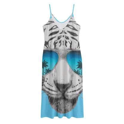 White Tiger With Sunglasses Print Jersey Midi Cami Dress