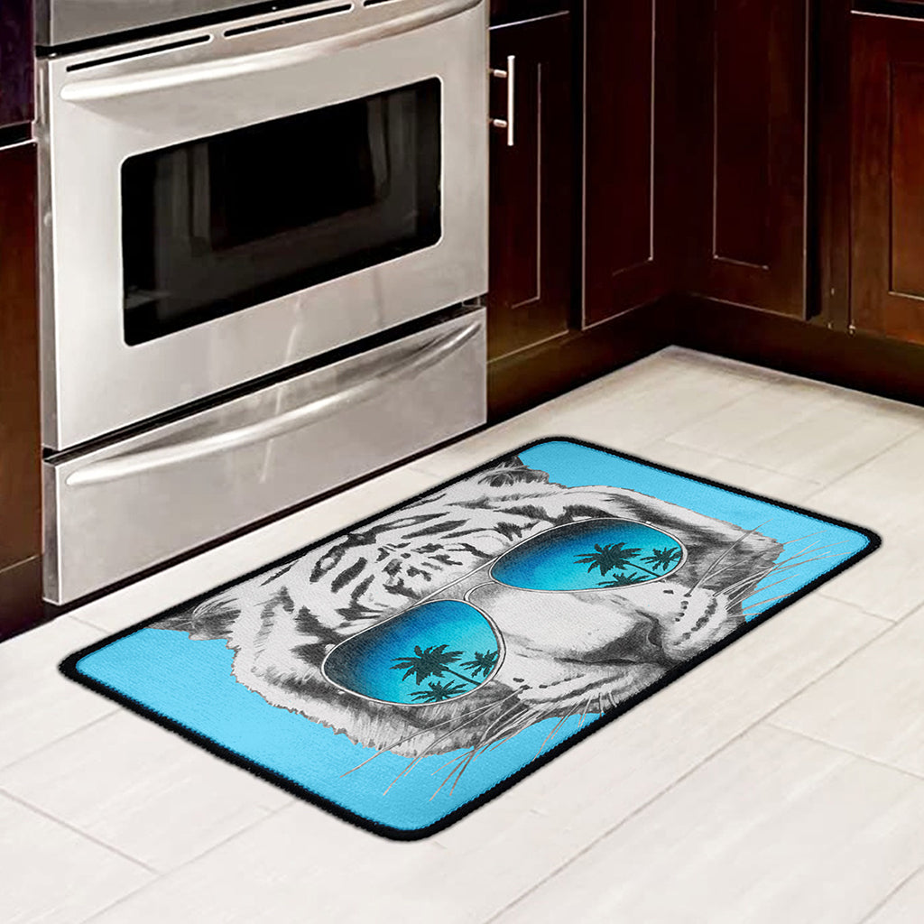 White Tiger With Sunglasses Print Kitchen Mat