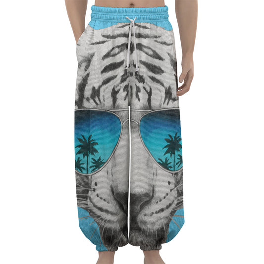 White Tiger With Sunglasses Print Lantern Pants