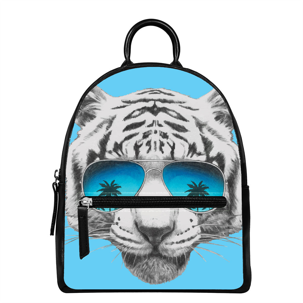 White Tiger With Sunglasses Print Leather Backpack