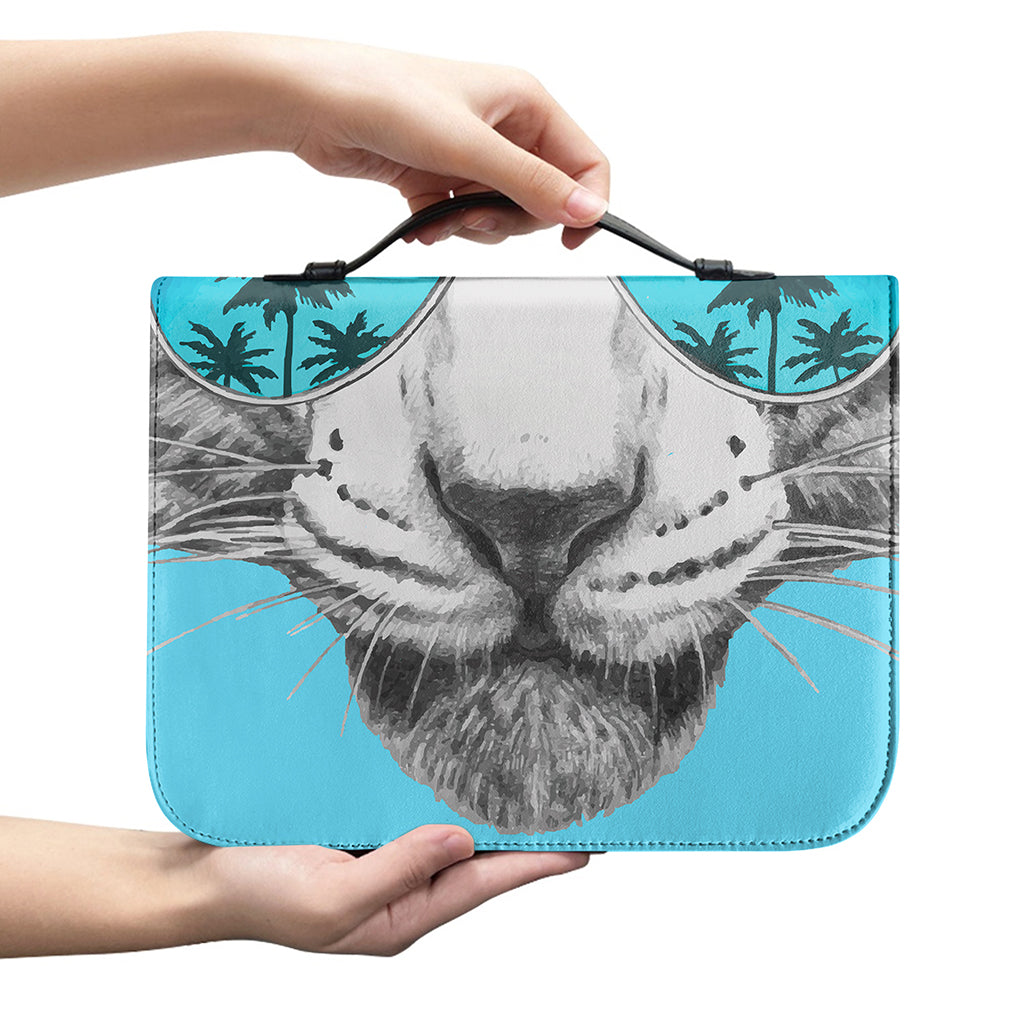 White Tiger With Sunglasses Print Leather Bible Cover