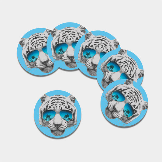 White Tiger With Sunglasses Print Leather Coaster Set