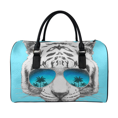 White Tiger With Sunglasses Print Leather Duffle Bag