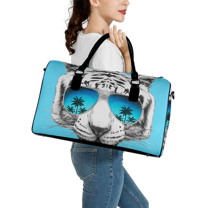 White Tiger With Sunglasses Print Leather Duffle Bag