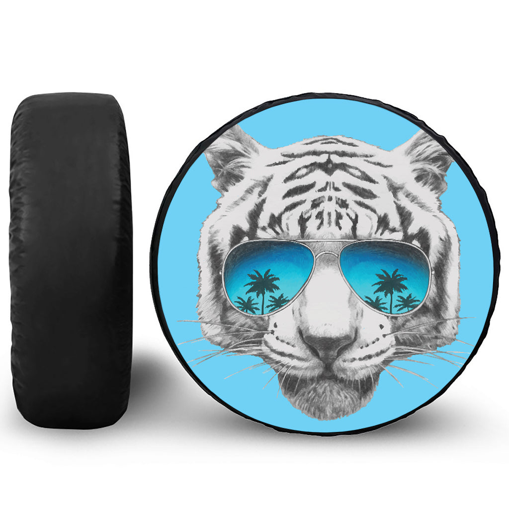 White Tiger With Sunglasses Print Leather Spare Tire Cover