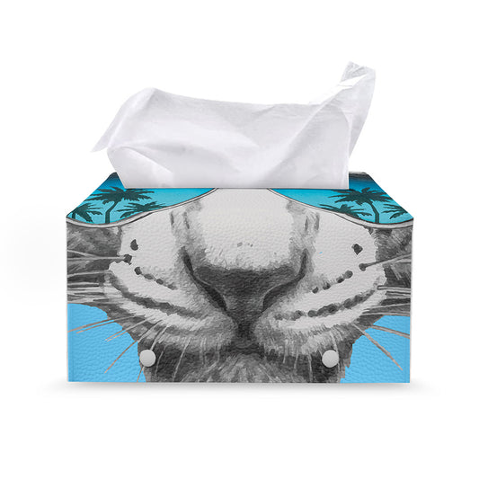 White Tiger With Sunglasses Print Leather Tissue Box Cover