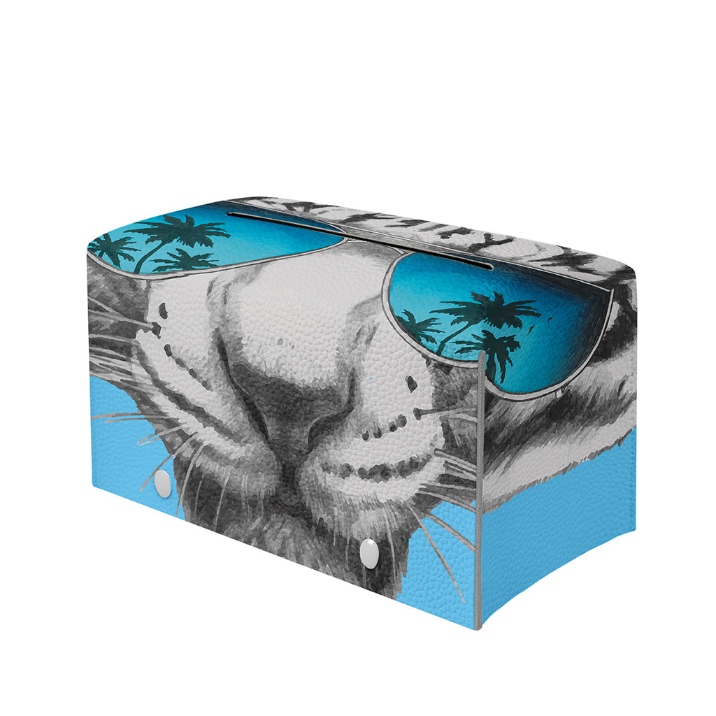 White Tiger With Sunglasses Print Leather Tissue Box Cover