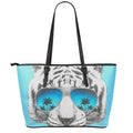 White Tiger With Sunglasses Print Leather Tote Bag With Zipper