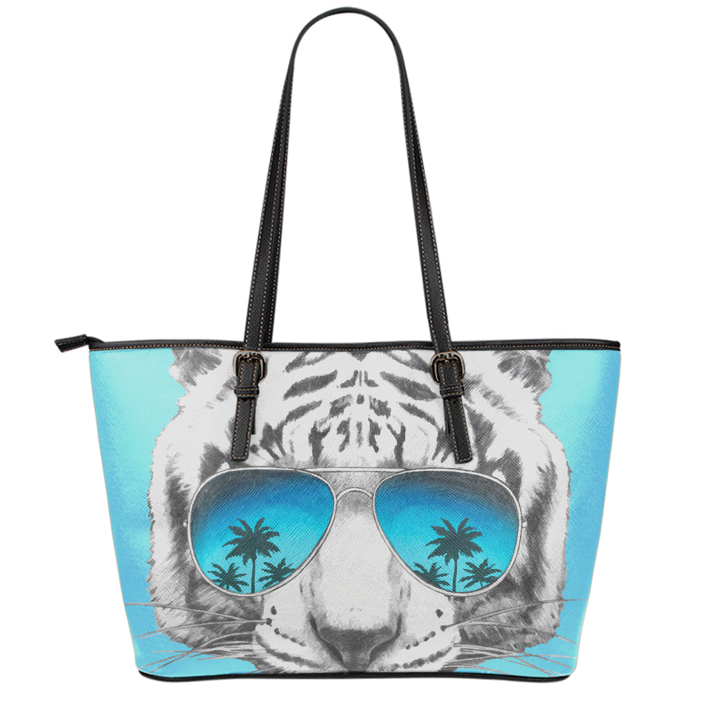 White Tiger With Sunglasses Print Leather Tote Bag