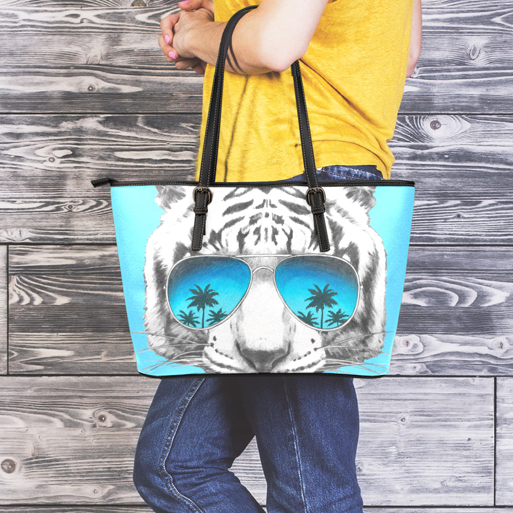 White Tiger With Sunglasses Print Leather Tote Bag