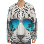 White Tiger With Sunglasses Print Long Sleeve Baseball Jersey