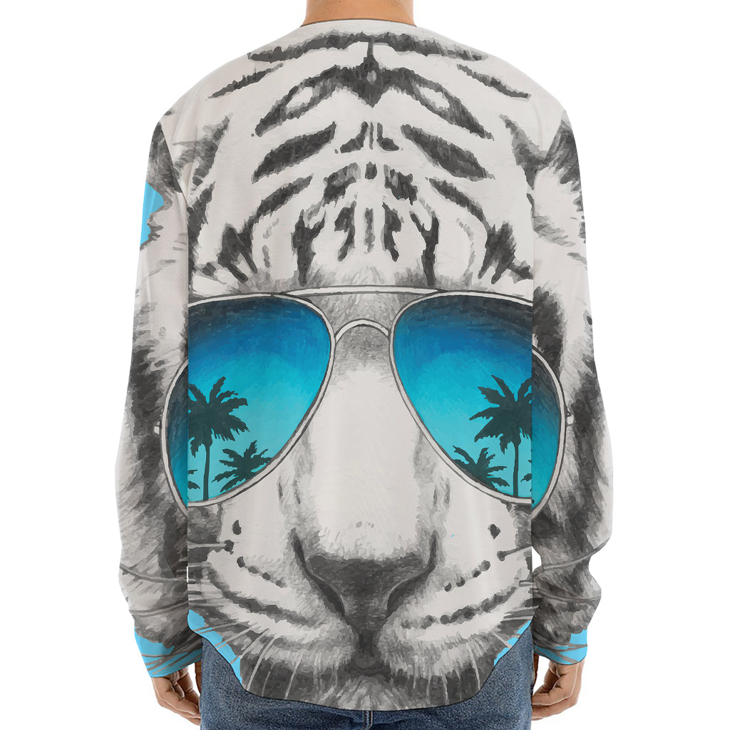 White Tiger With Sunglasses Print Long Sleeve Baseball Jersey