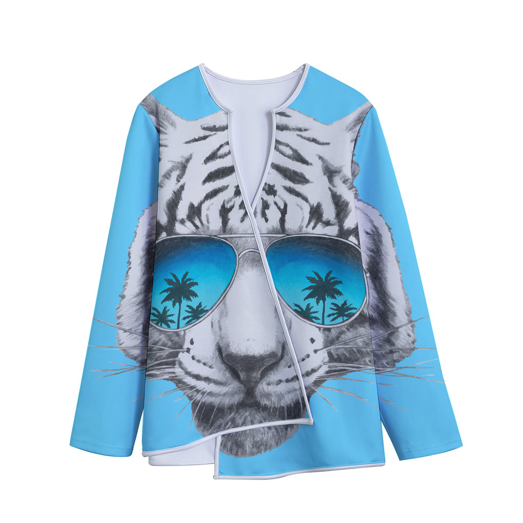White Tiger With Sunglasses Print Long Sleeve Short Coat
