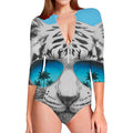 White Tiger With Sunglasses Print Long Sleeve Swimsuit