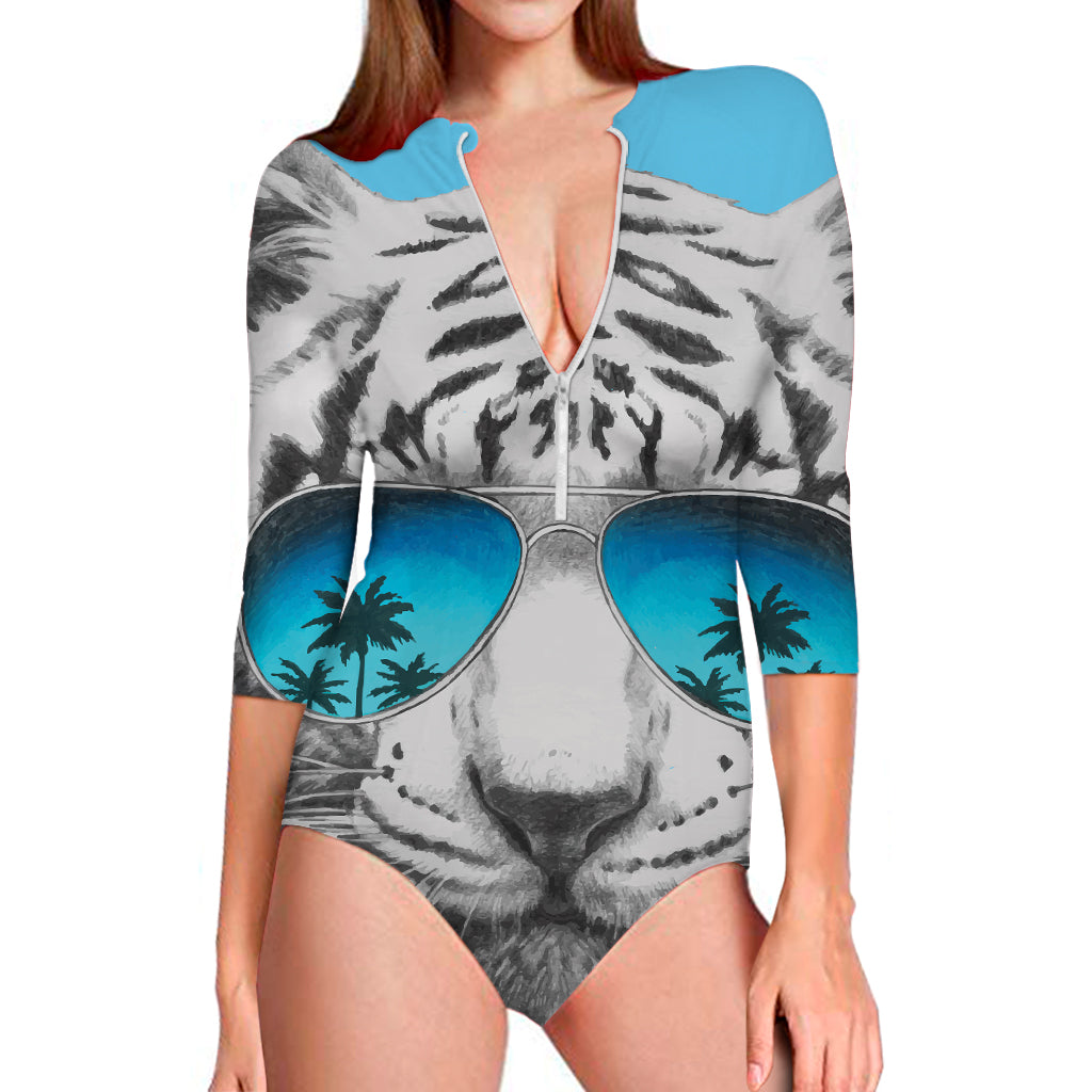 White Tiger With Sunglasses Print Long Sleeve Swimsuit