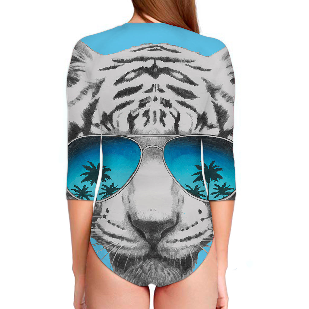 White Tiger With Sunglasses Print Long Sleeve Swimsuit