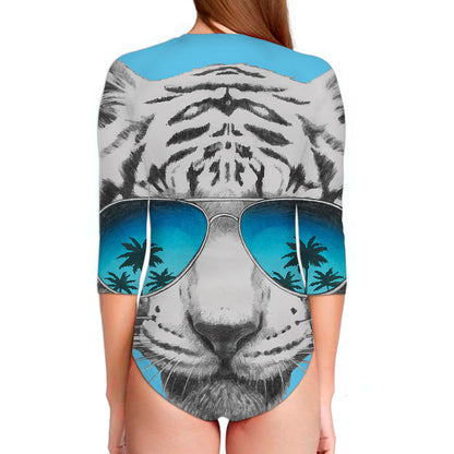 White Tiger With Sunglasses Print Long Sleeve Swimsuit
