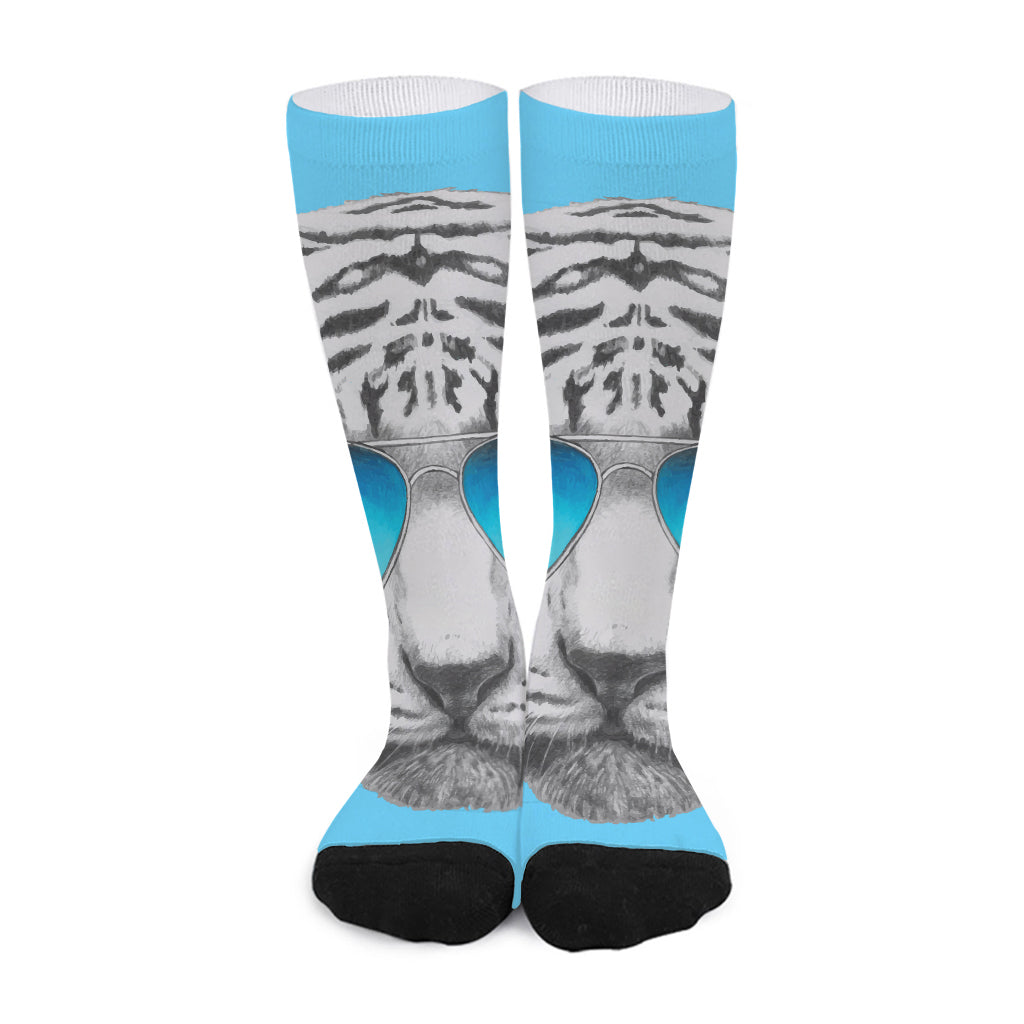 White Tiger With Sunglasses Print Long Socks