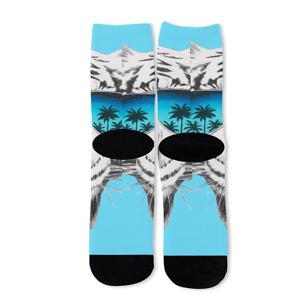 White Tiger With Sunglasses Print Long Socks