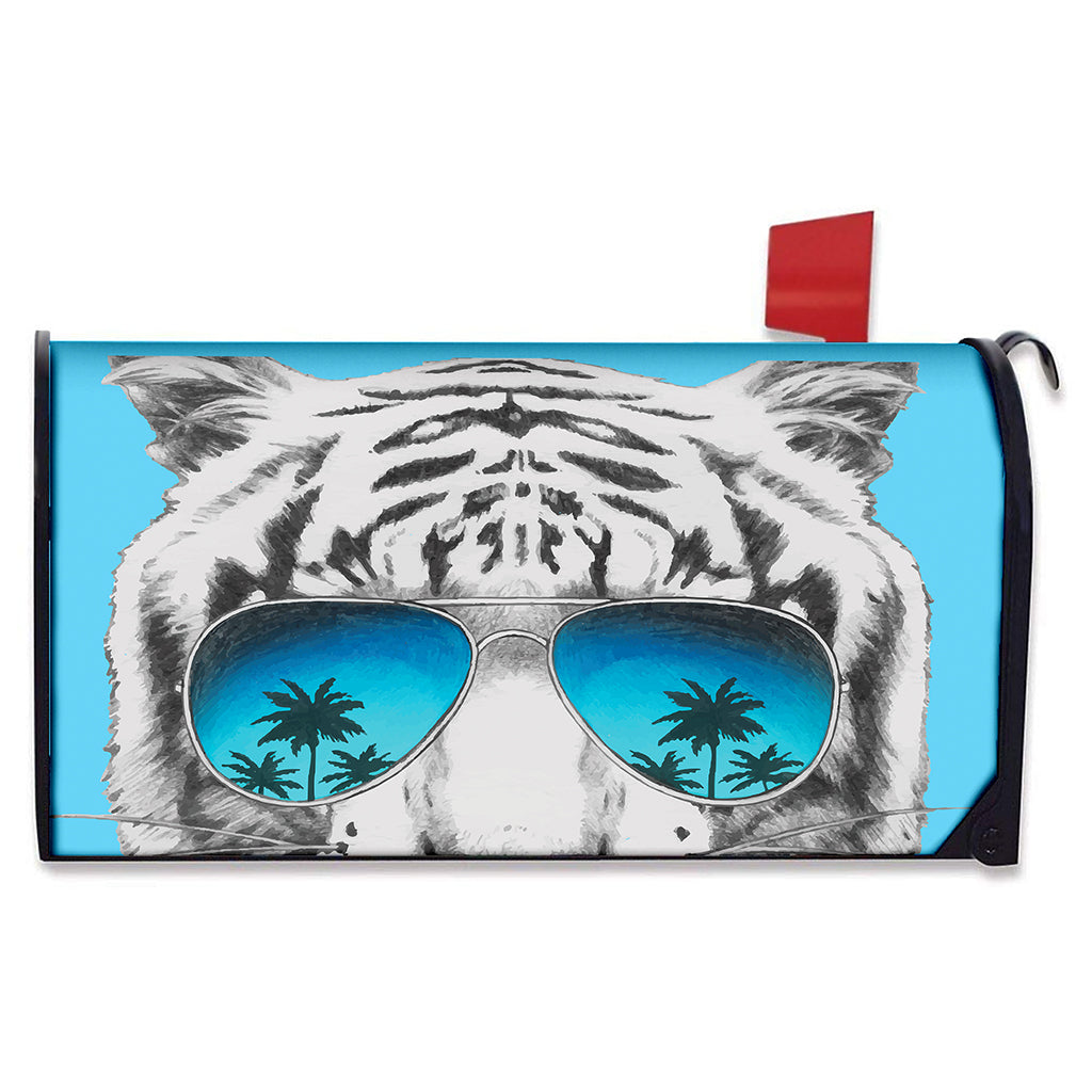 White Tiger With Sunglasses Print Mailbox Cover