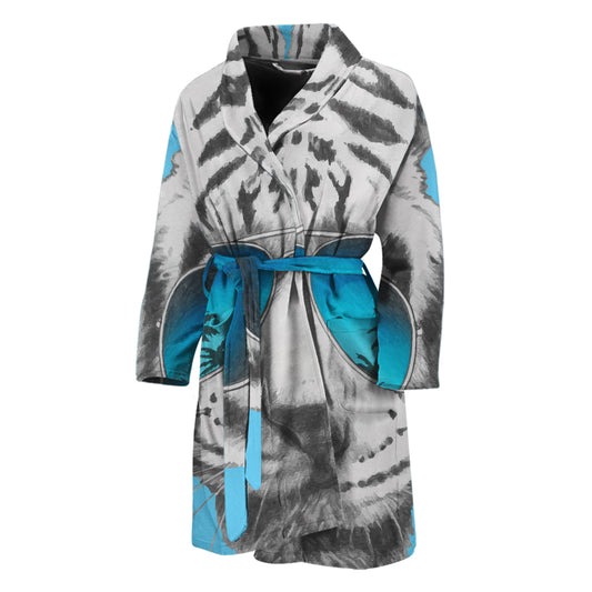 White Tiger With Sunglasses Print Men's Bathrobe