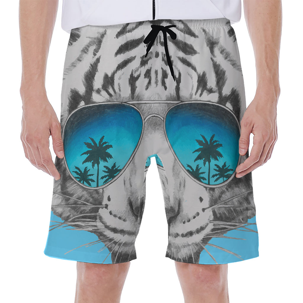 White Tiger With Sunglasses Print Men's Beach Shorts