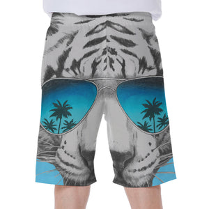 White Tiger With Sunglasses Print Men's Beach Shorts