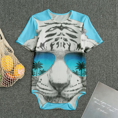 White Tiger With Sunglasses Print Men's Bodysuit