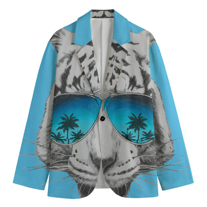 White Tiger With Sunglasses Print Men's Cotton Blazer
