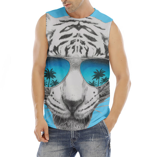 White Tiger With Sunglasses Print Men's Fitness Tank Top