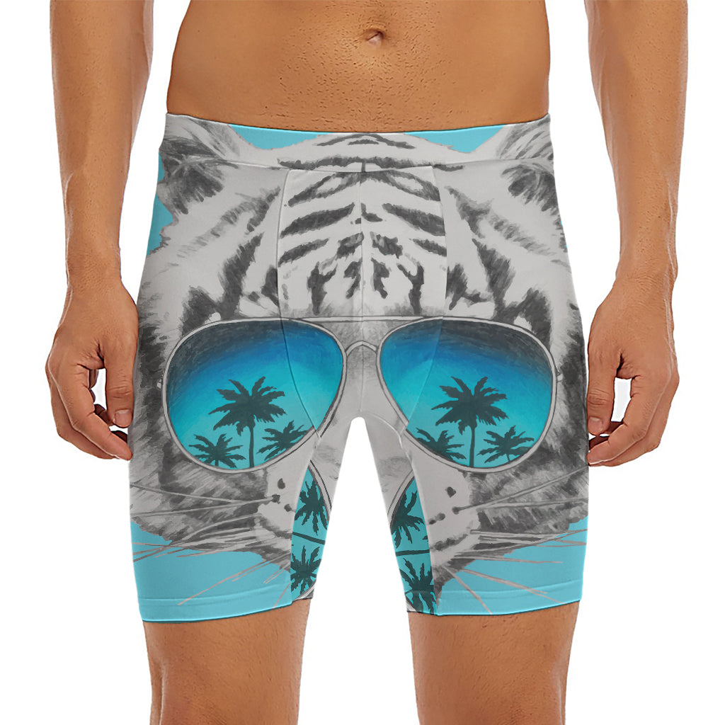 White Tiger With Sunglasses Print Men's Long Boxer Briefs