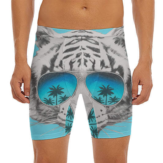 White Tiger With Sunglasses Print Men's Long Boxer Briefs